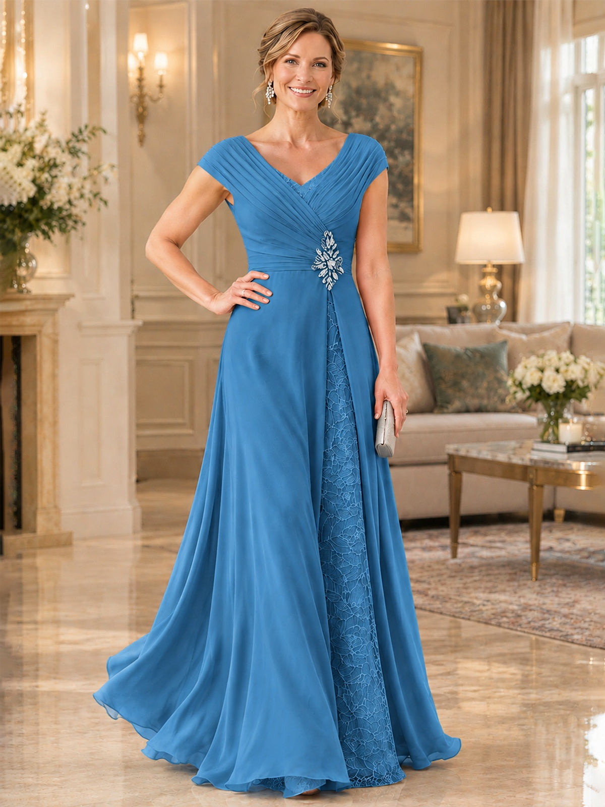 Pleated Chiffon Lace Mother of The Bride Dresses with Beading Cap Sleeves