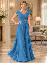 Pleated Chiffon Lace Mother of The Bride Dresses with Beading Cap Sleeves