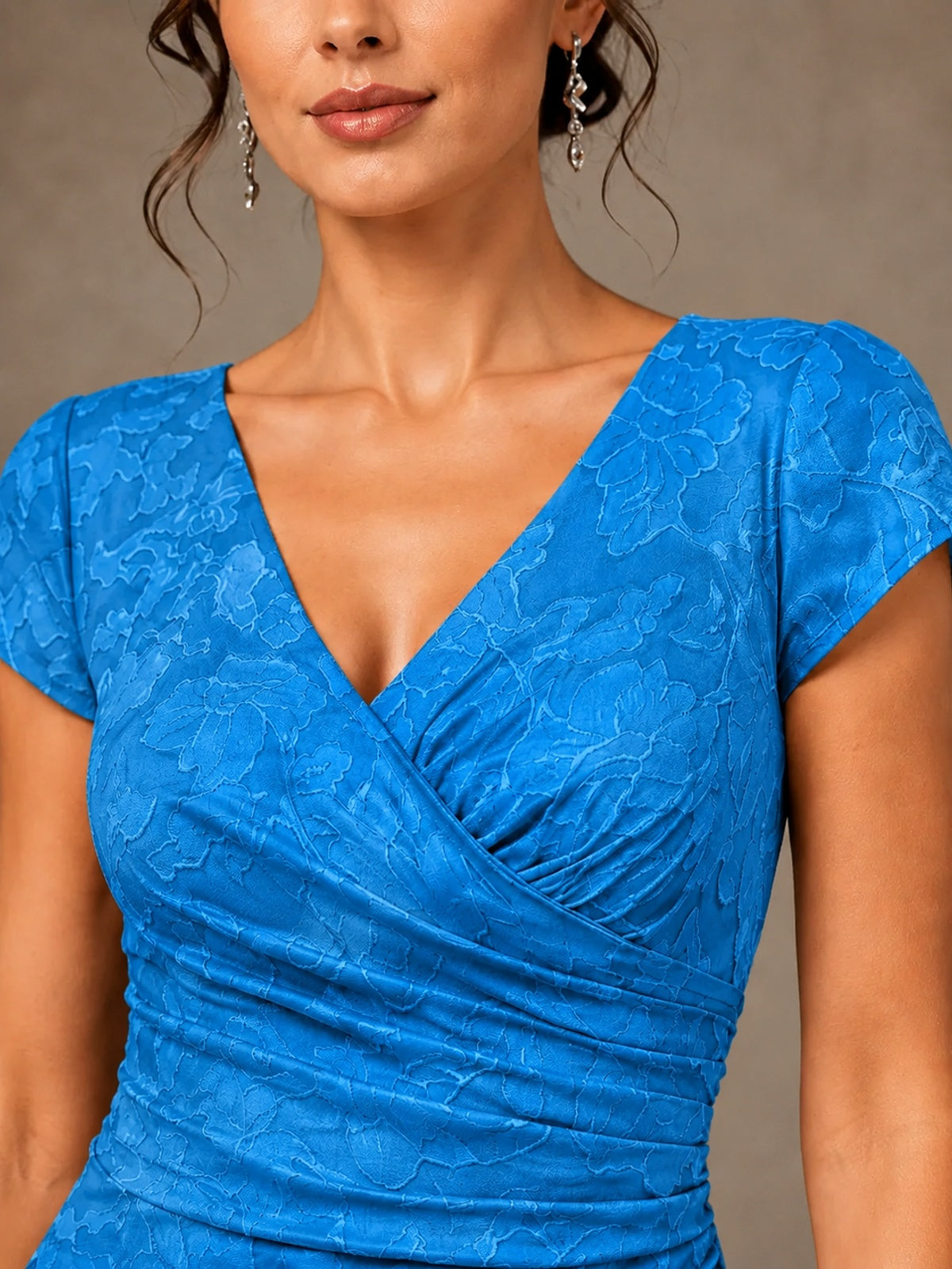 V-Neck Floral Jacquard Mother of the Bride Dress with Slit