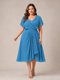 Navy Blue A-Line V-Neck Tea-Length Mother of the Bride Dress