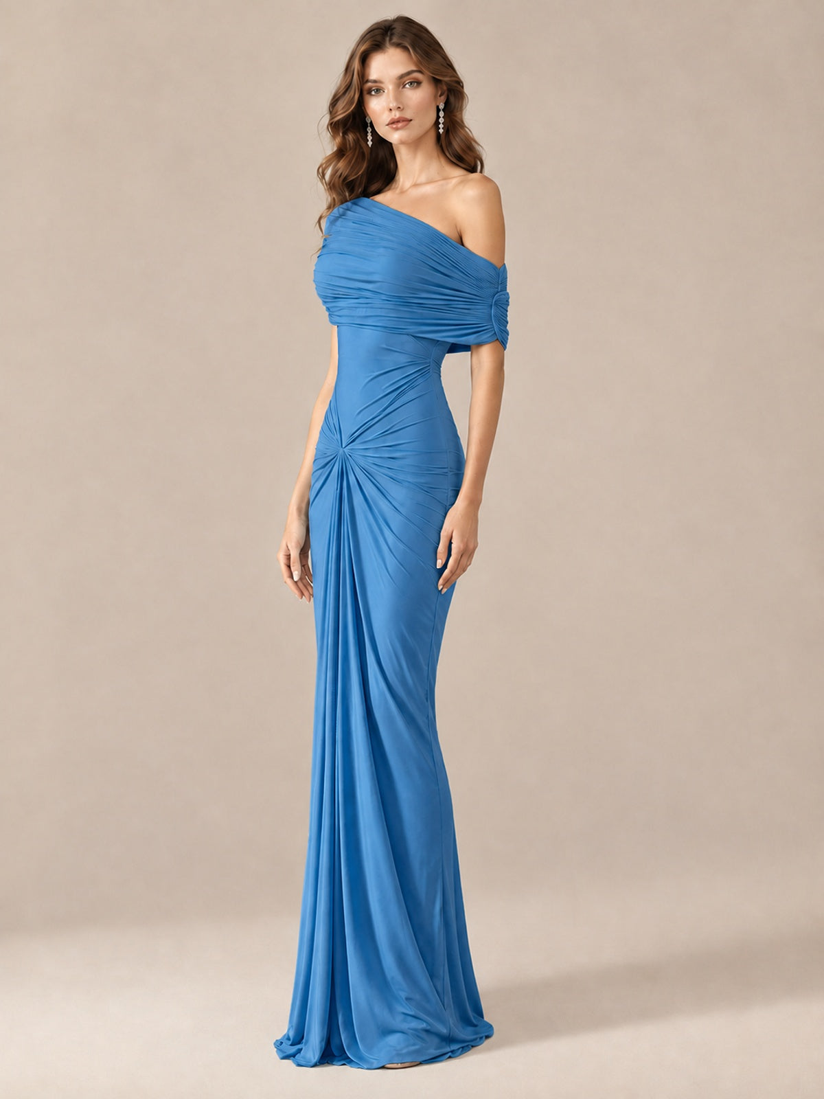 Elegant Draped Off Shoulder Ruched Mermaid Chiffon Formal Evening Gown