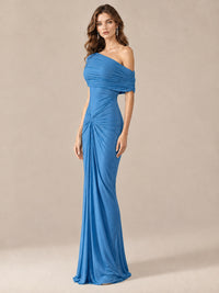 Elegant Draped Off Shoulder Ruched Mermaid Chiffon Formal Evening Gown
