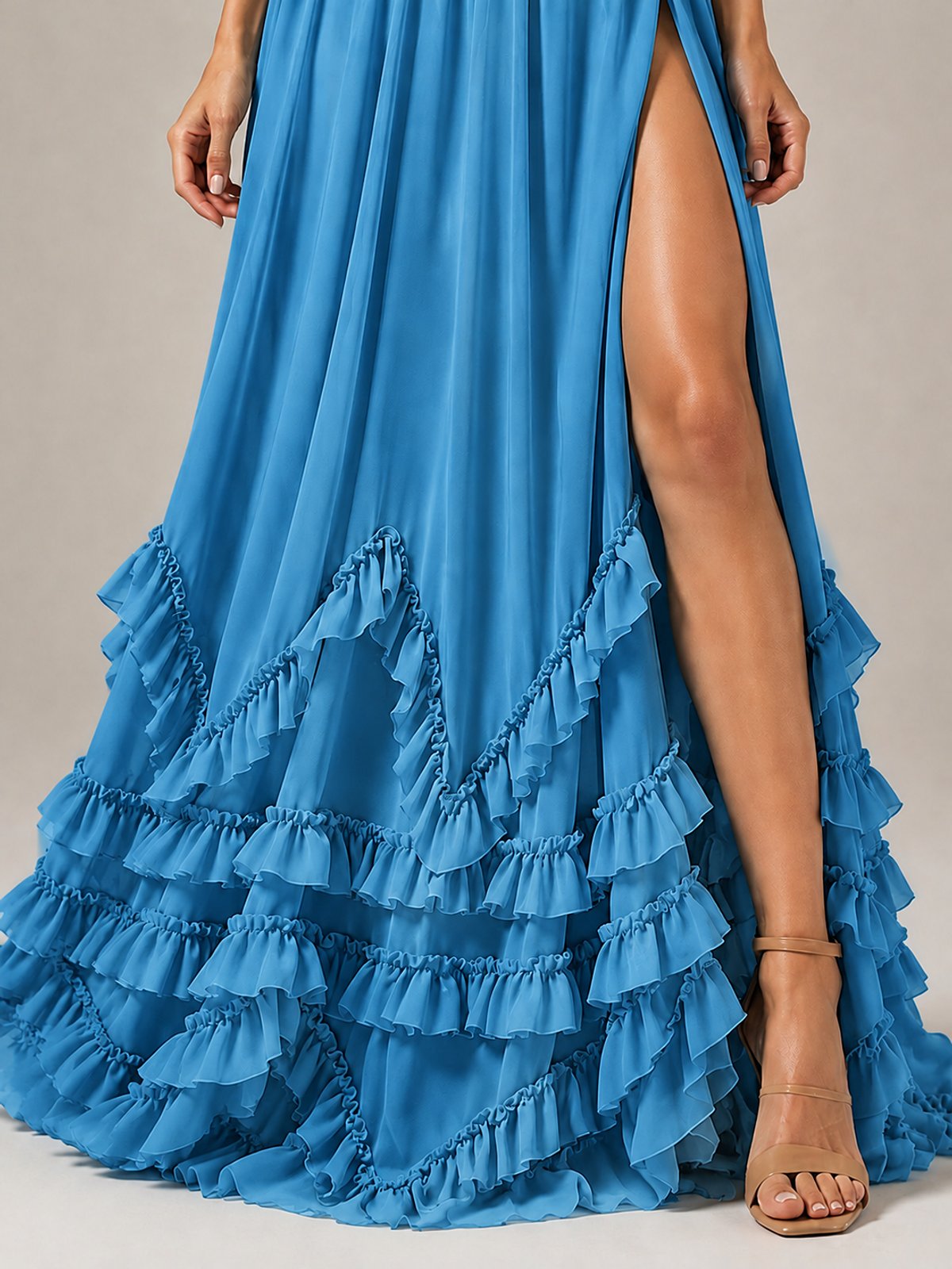 Halter V Neck Chiffon Formal Dress with Lace-Up Back and Ruffle Hem