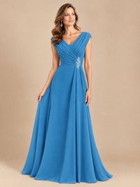 V Neck Pleated Mother of The Bride Dresses with Beading Cap Sleeves