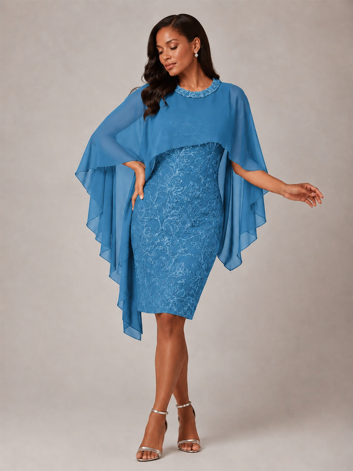Floral Sheath Mother of the Bride Dress with Cape Overlay
