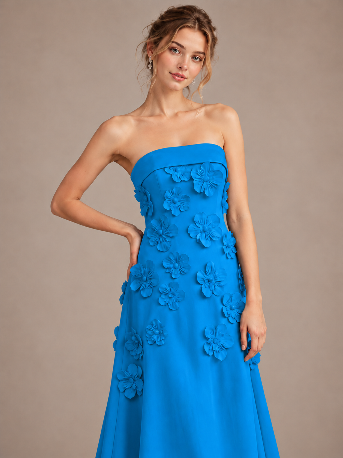Yellow Strapless 3D Floral Appliques Maxi Dress