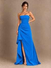 Black and White Strapless Ruched Prom Dress with High Slit & Side Drape
