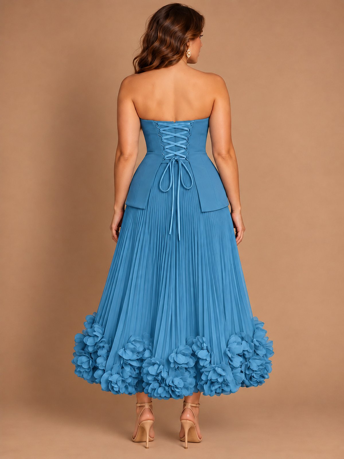 Navy Blue Strapless Pleated A-Line Midi Dress with 3D Floral Applique