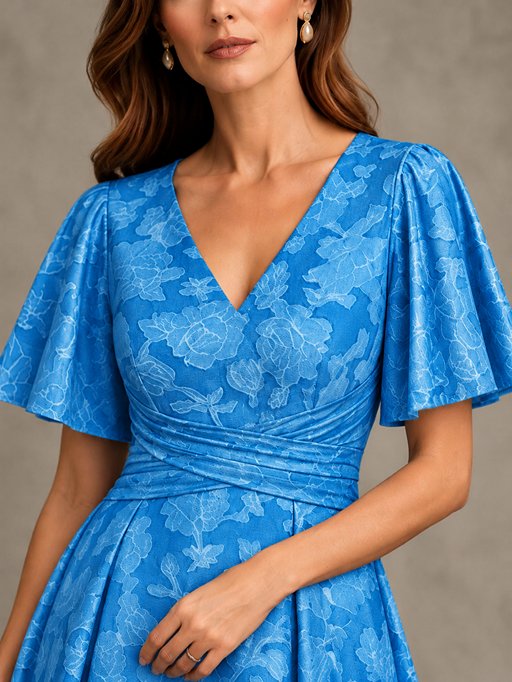 V-Neck Floral Jacquard Tea-Length Mother of the Bride Dress