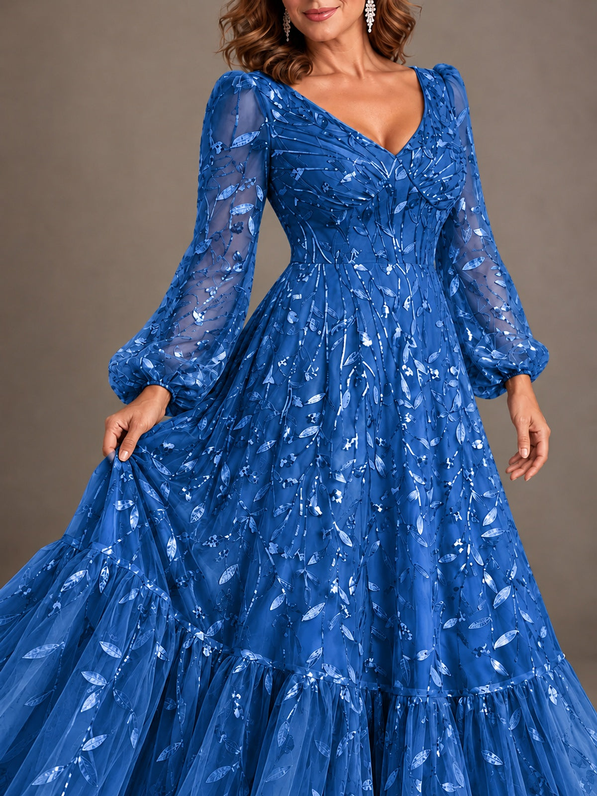 Floral Sequin Embroidered A-Line Mother of the Bride Dress with Long Sleeves