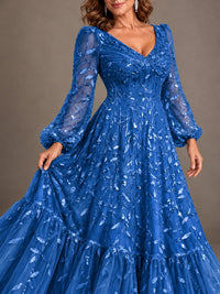 Floral Sequin Embroidered A-Line Mother of the Bride Dress with Long Sleeves
