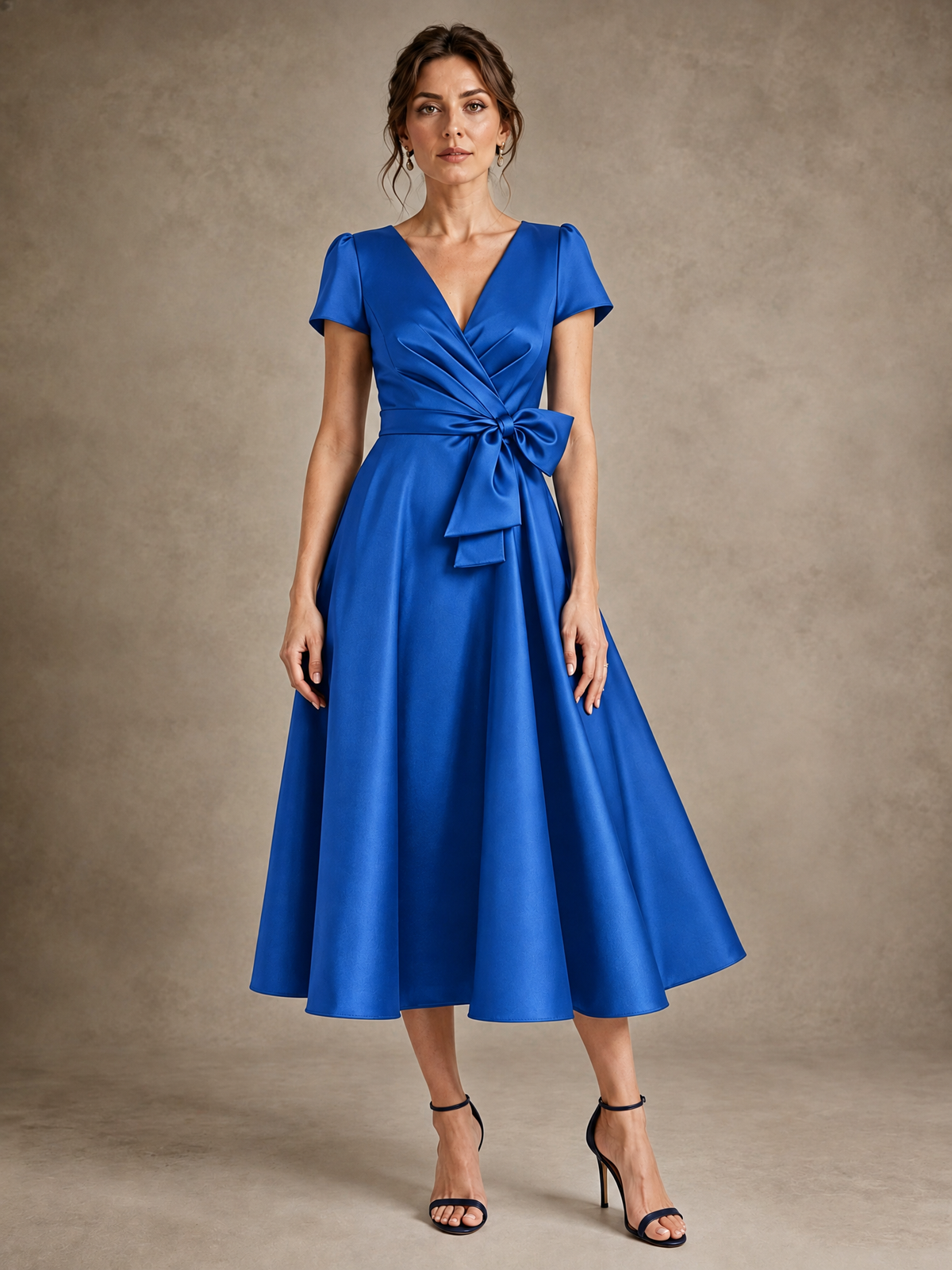 Blue V-Neck Tea-Length Satin Mother of the Bride Dress with Bow Jovellee