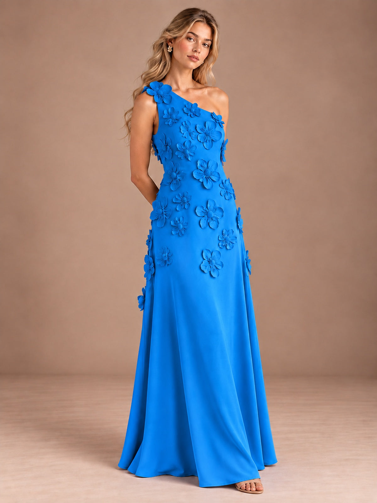 Sage Green One Shoulder Satin Formal Maxi Dress with 3D Floral