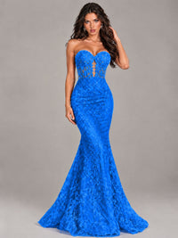 Strapless Corset Mermaid Prom Dress Lace Appliqué Formal Gown