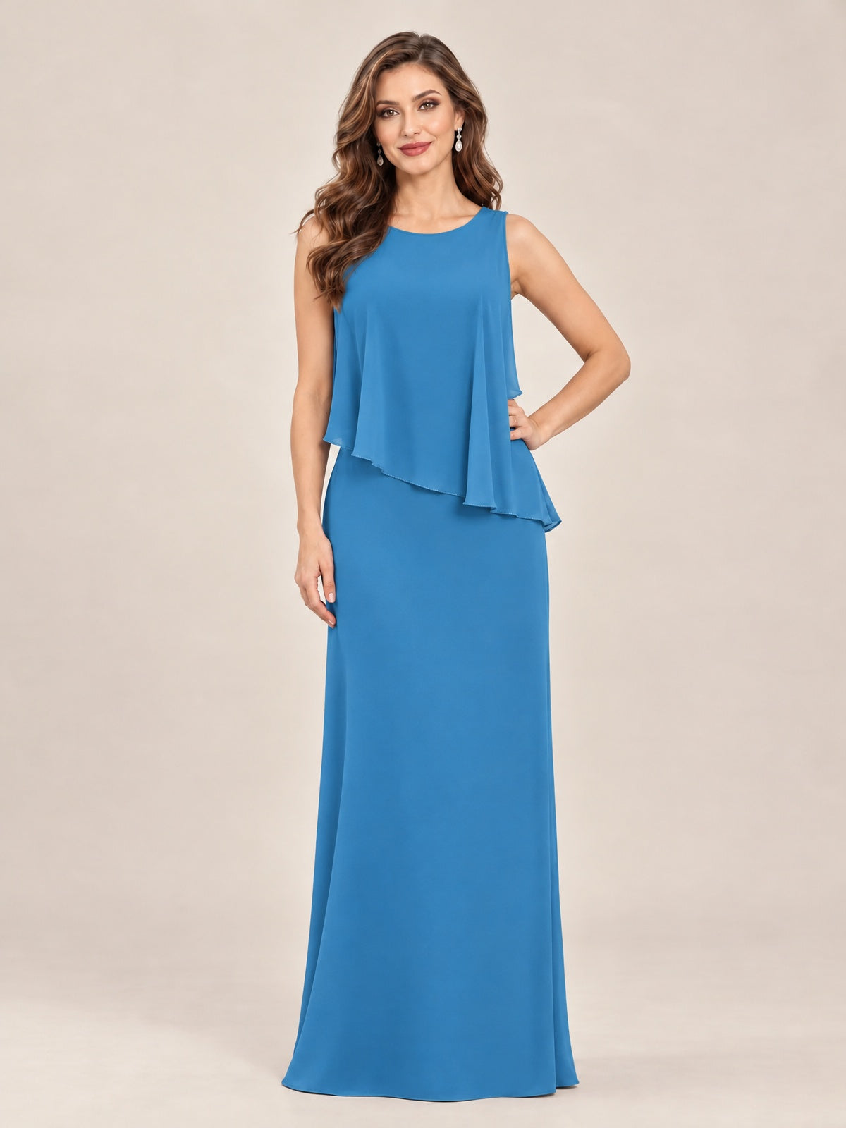 Cape Sleeve Mother of the Bride Dress with Asymmetrical Overlay