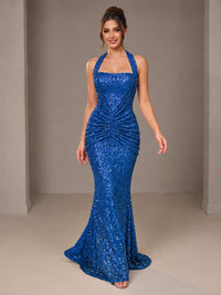 Gold Halter Sequin Mermaid Ruched Prom Dress Long Ruched Evening Gown