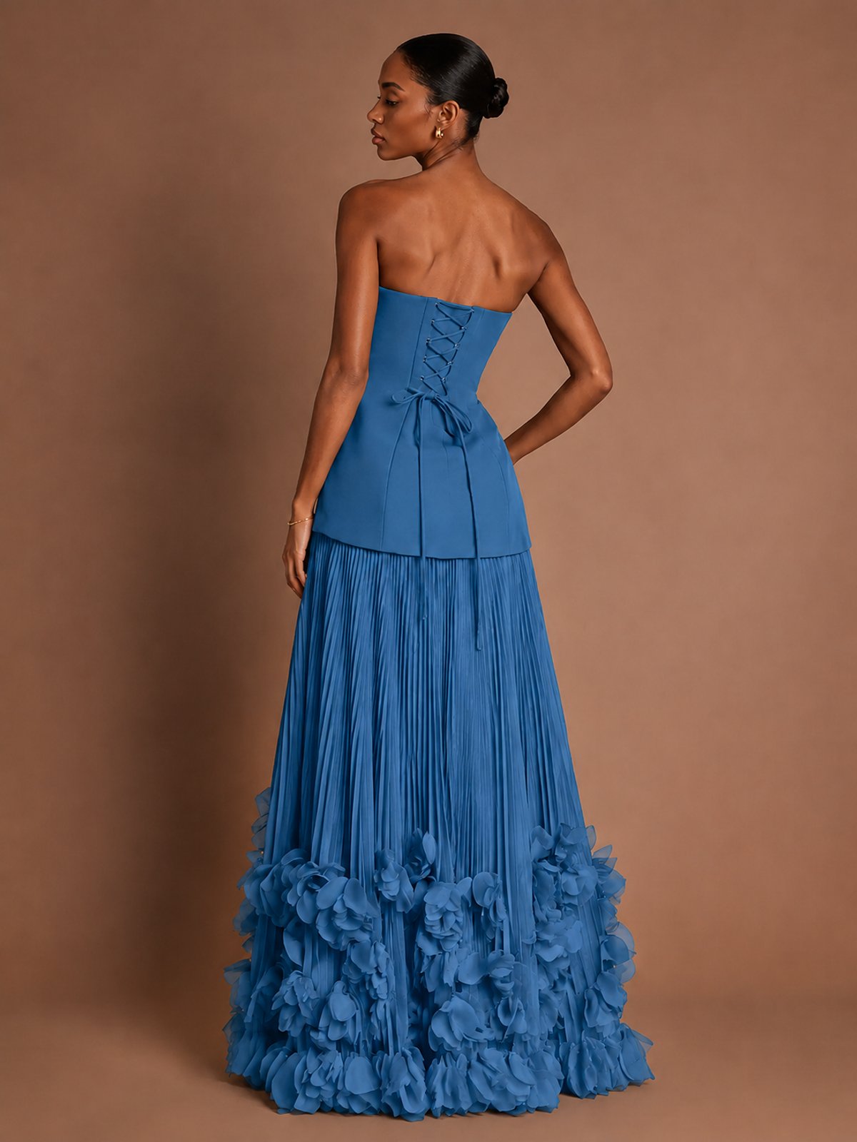 Strapless Pleated Floral Satin Formal Dress with Side Slit