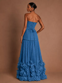 Strapless Pleated Floral Satin Formal Dress with Side Slit