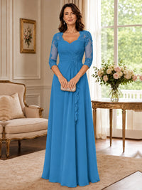 Chiffon Lace Applique Mother of the Bride Dress with 3/4 Sleeves