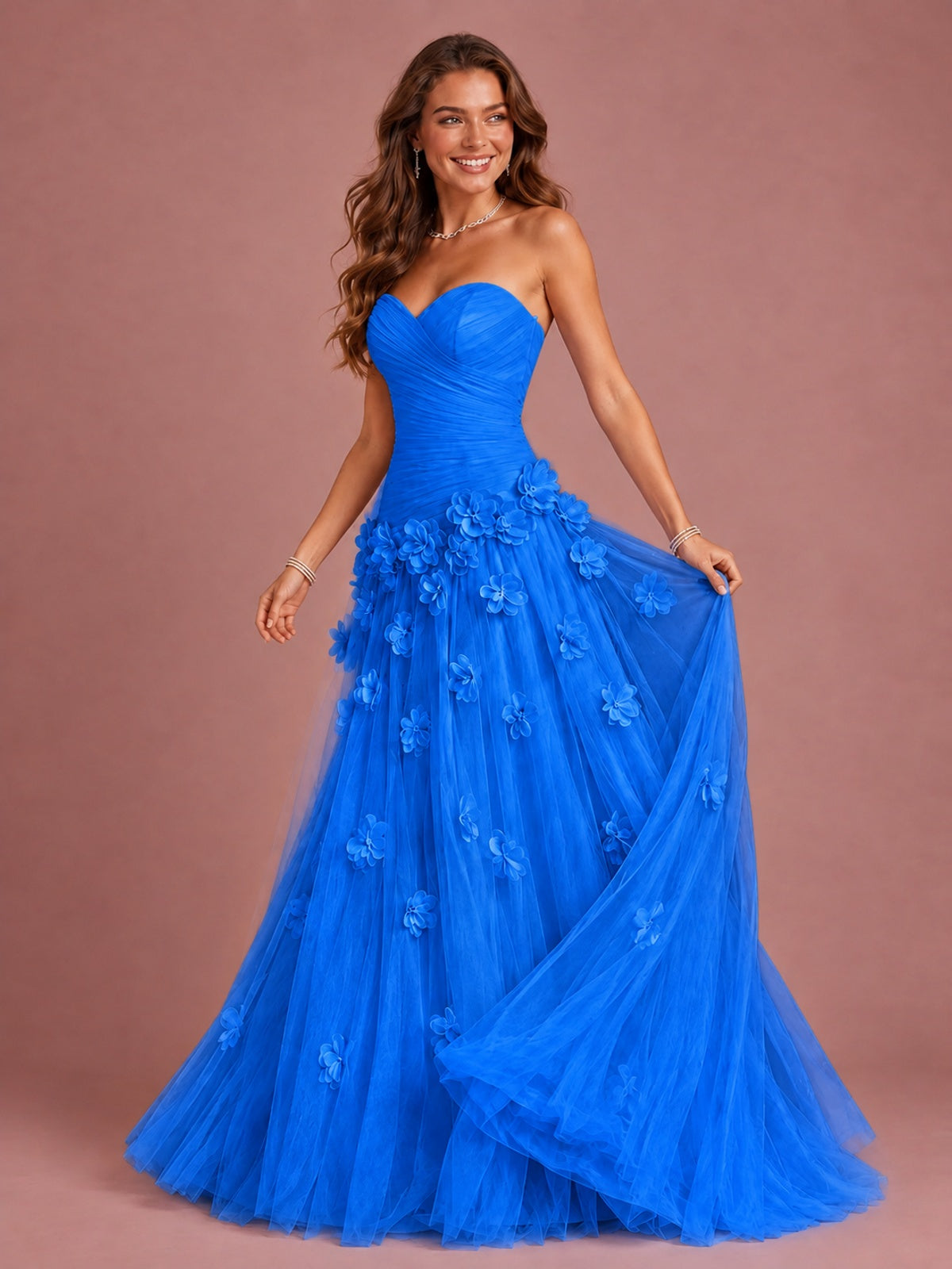 Blush Pink Strapless Sweetheart 3D Floral Tulle Ball Gown Prom Dres