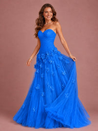 Blush Pink Strapless Sweetheart 3D Floral Tulle Ball Gown Prom Dres
