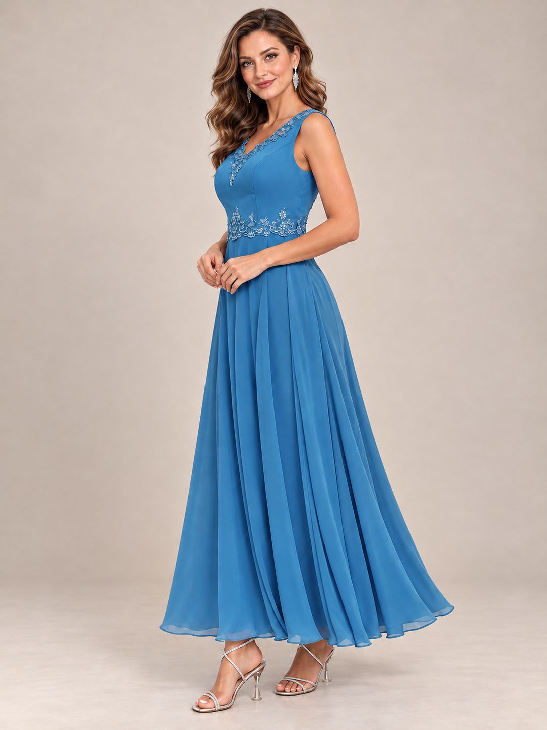 Dusty Blue Floral Lace Chiffon Mother of the Bride Dress with Jacket