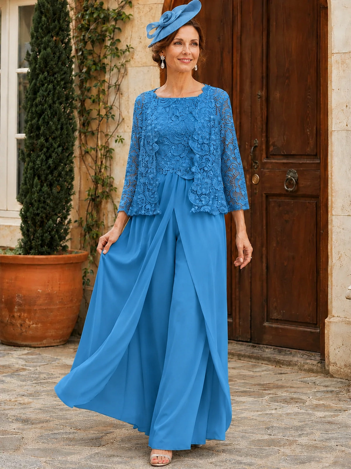 Elegant 3-Piece Chiffon Mother of the Bride Pantsuit with Floral Applique Jacket