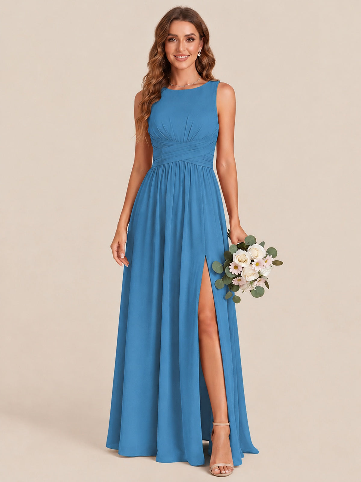 A-line Sleeveless Rucehd Chiffon Bridesmaid Dress with High Slit