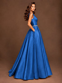 Satin A-Line Prom Dress Sleeveless Beaded Waist Formal Gown with Pockets