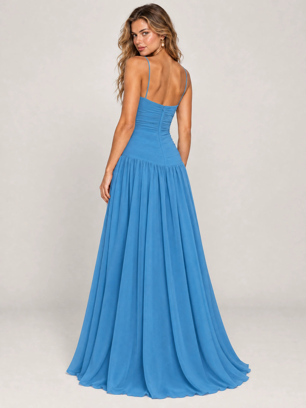 Butter Yellow Ruched Spaghetti Strap Drop-Waist Prom Dress