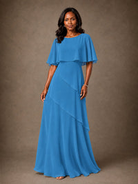 Taupe Chiffon A-Line Mother of the Bride Dress with Cape Sleeves