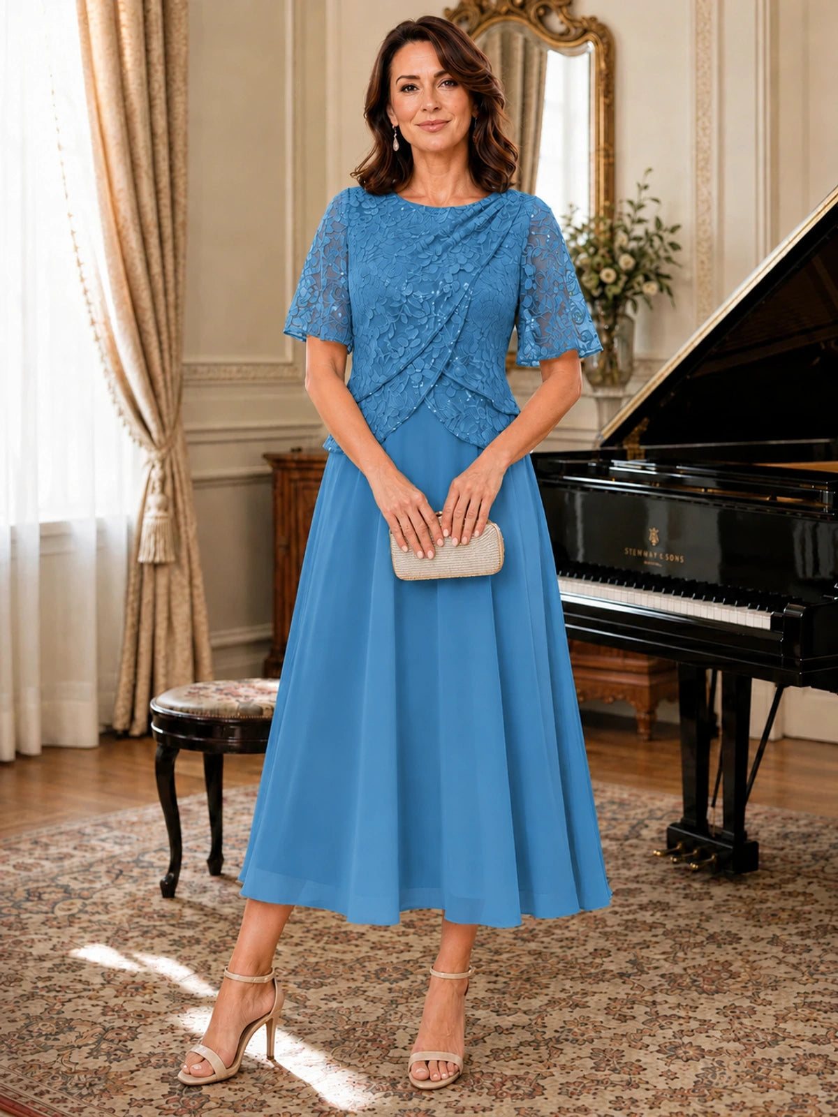 Tea-Length Chiffon Mother of the Bride Dress with Sequin Lace Sleeves