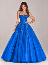 Strapless Sweetheart Tulle Ball Gown Prom Dress with Lace Appliques