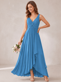 V-Neck High-Low Chiffon Bridesmaid Dress with Ruffles