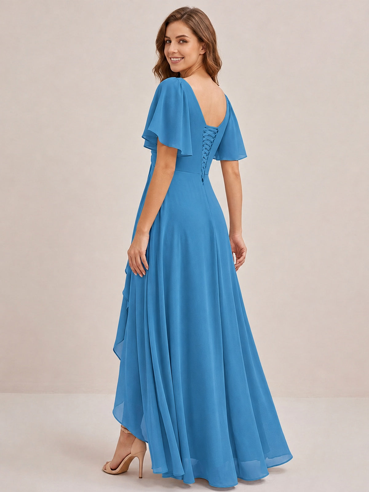 Dusty Blue Chiffon Bridesmaid Dress with Flutter Sleeves & High-Low Hem