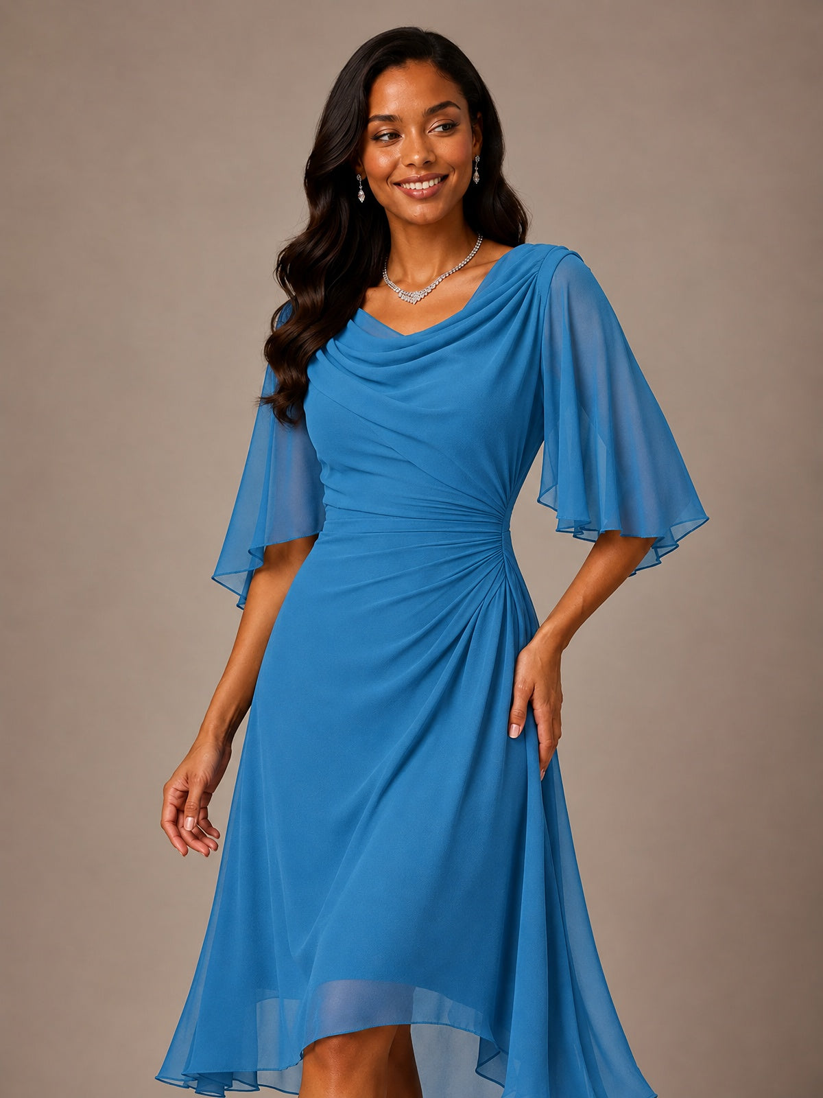Cowl Neck Ruched Chiffon Mother of the Bride Dresses with Flutter Sleeves