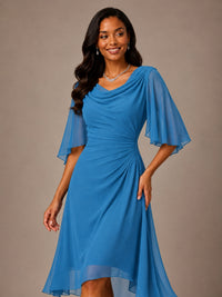 Cowl Neck Ruched Chiffon Mother of the Bride Dresses with Flutter Sleeves