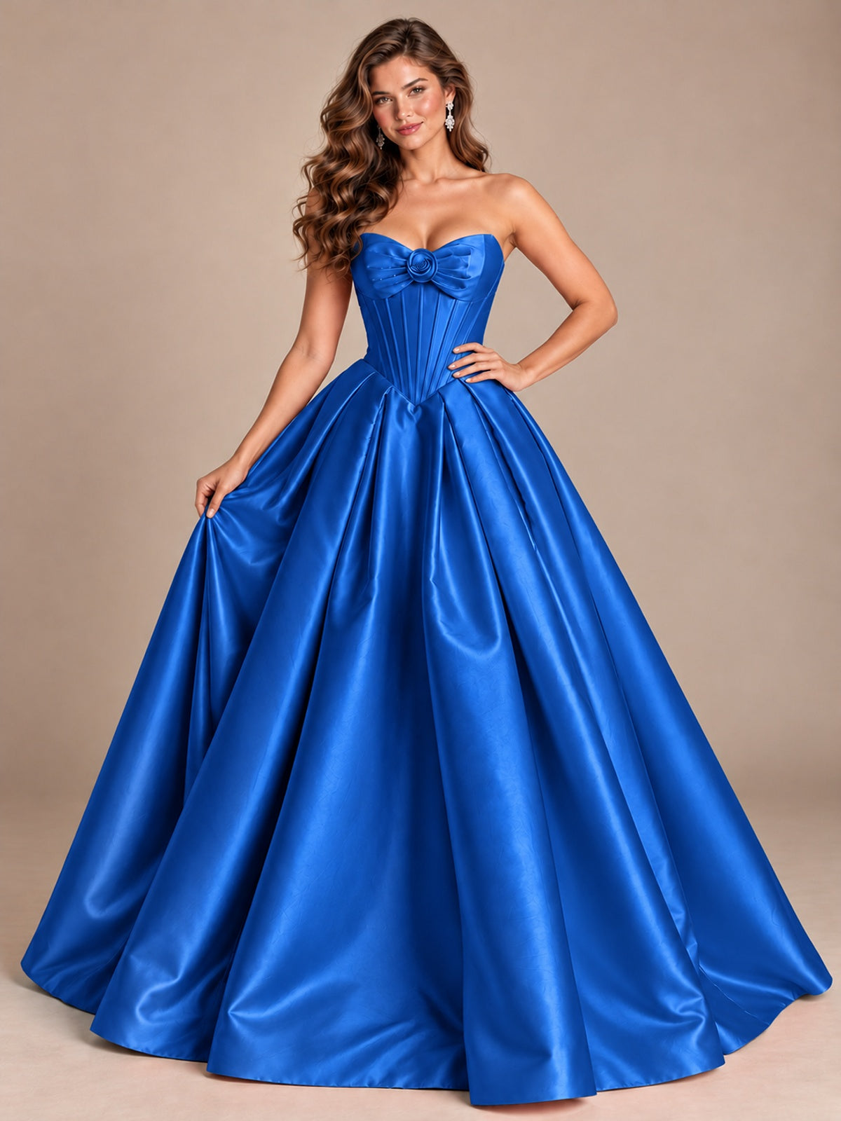 Pink Strapless Corset Satin Prom Derss & Ball Gown with 3D Floral