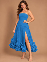 Navy Blue Strapless Pleated A-Line Midi Dress with 3D Floral Applique