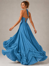 Halter V Neck Chiffon Formal Dress with Lace-Up Back and Ruffle Hem