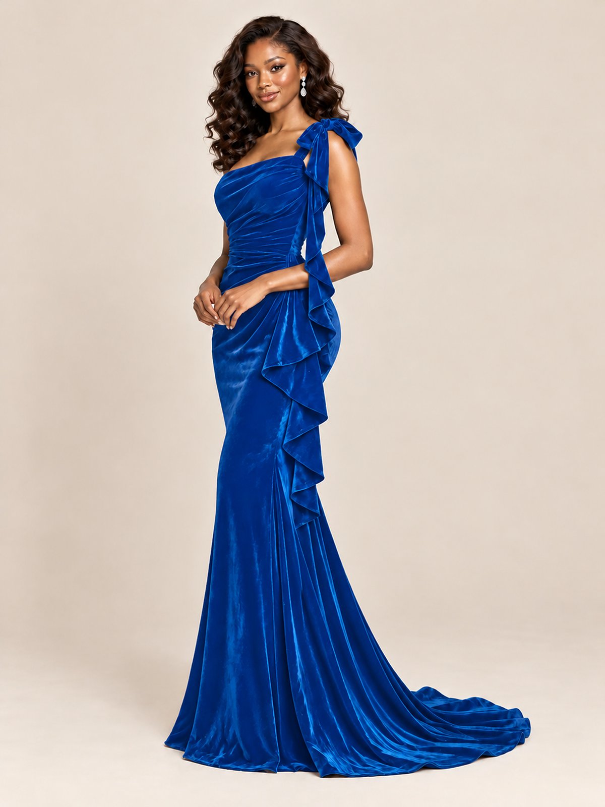 Black Velvet One-Shoulder Mermaid Evening Gown with Bow & Ruffles