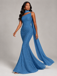 Pleated Chiffon Lace Prom Dresses Long Bodycon Mermaid with Scarf