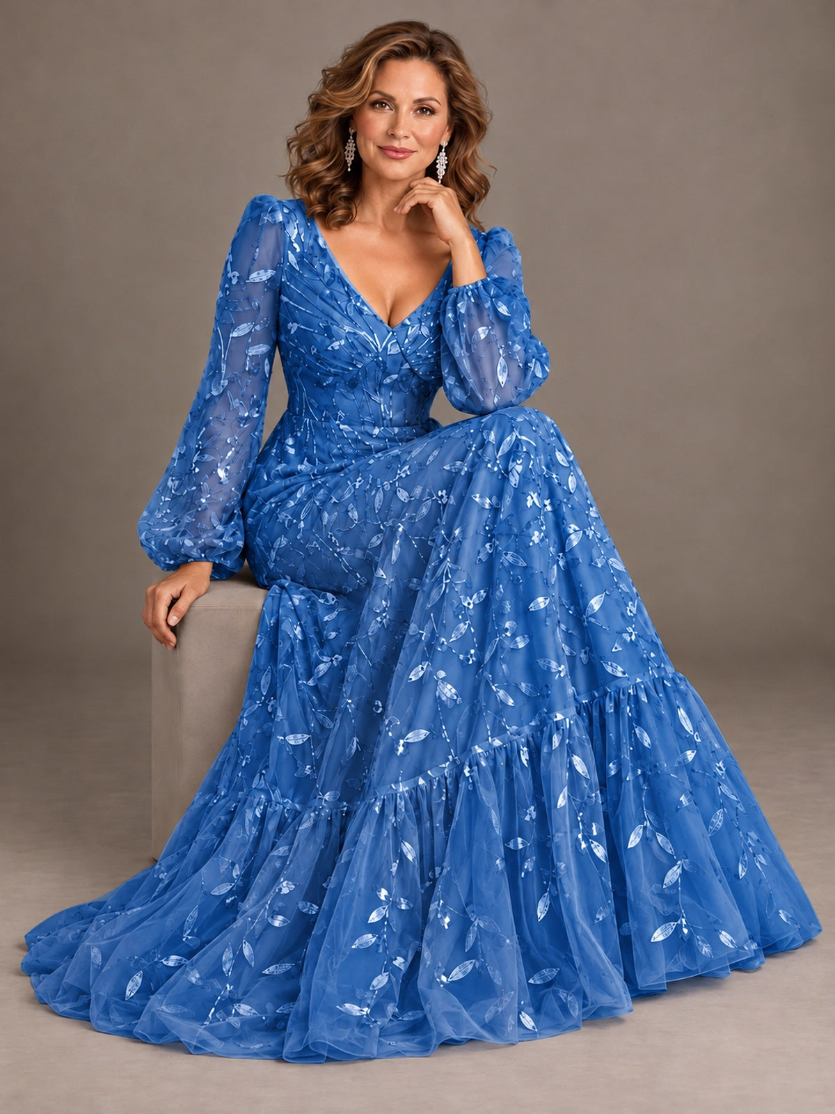 Floral Sequin Embroidered A-Line Mother of the Bride Dress with Long Sleeves