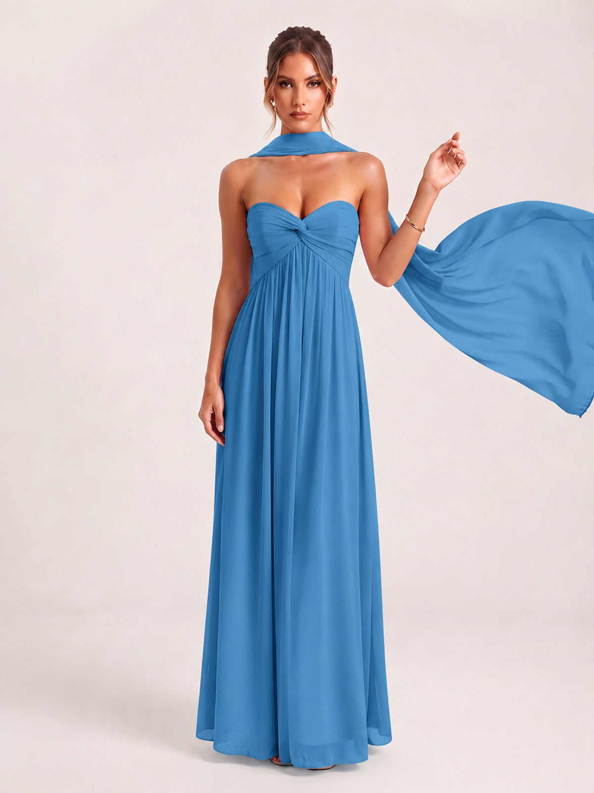 Strapless Ruched Chiffon Long Prom Dress with Scarf
