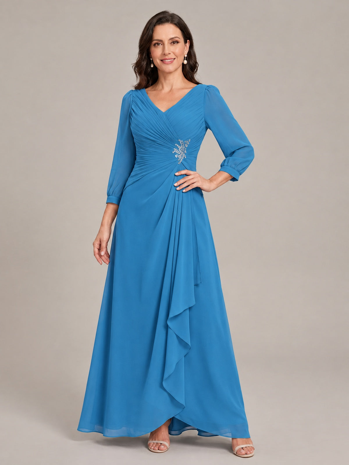 V-Neck Pleated Chiffon Mother of the Bride Dress with Flutter Sleeves