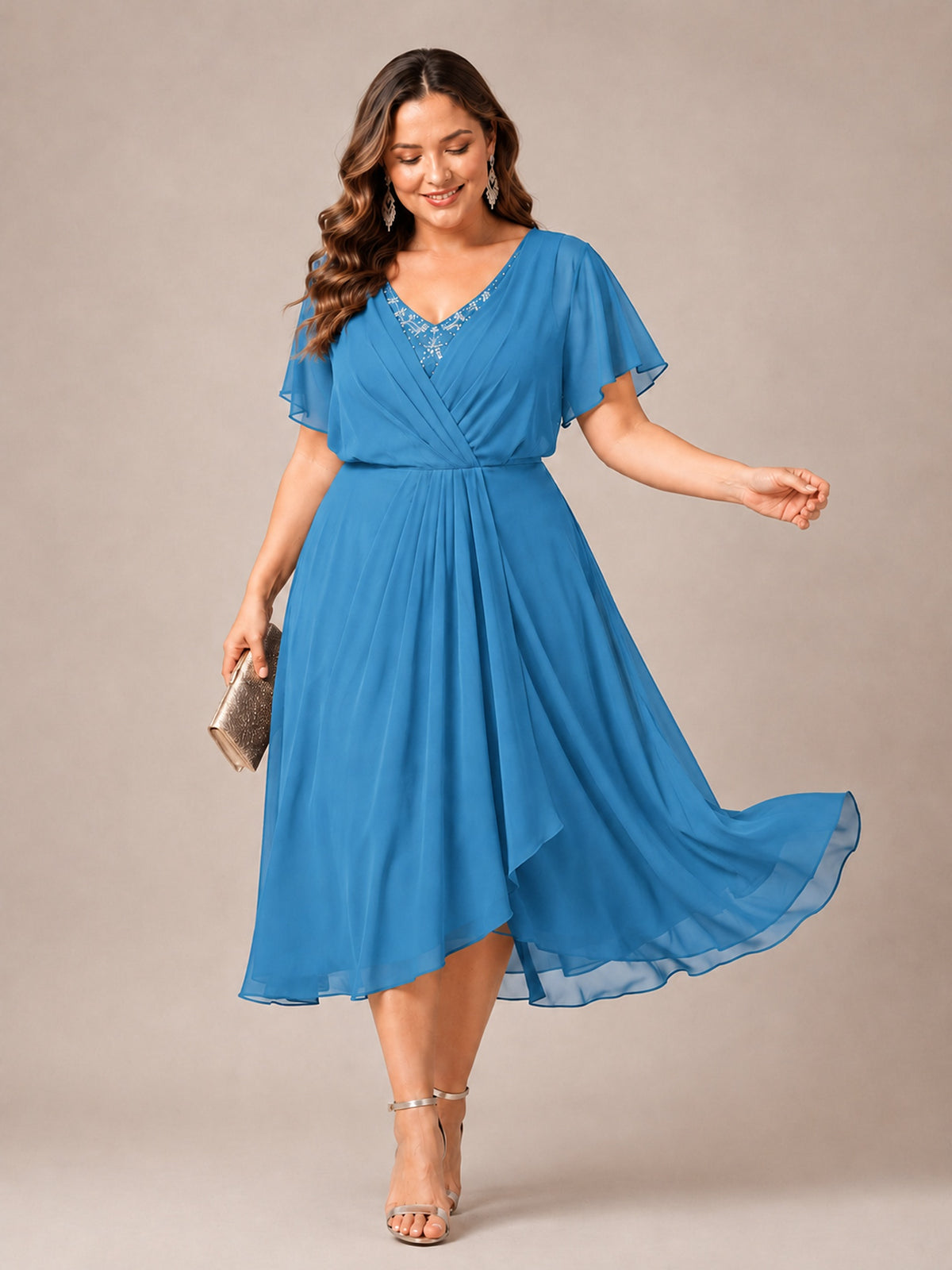 Navy Blue A-Line V-Neck Tea-Length Mother of the Bride Dress
