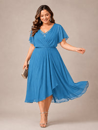 Navy Blue A-Line V-Neck Tea-Length Mother of the Bride Dress