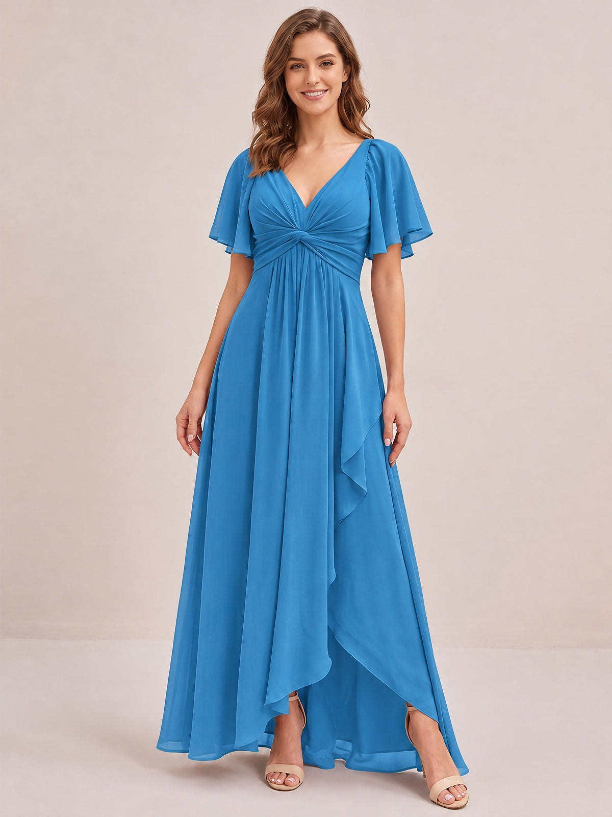 Dusty Blue Chiffon Bridesmaid Dress with Flutter Sleeves & High-Low Hem