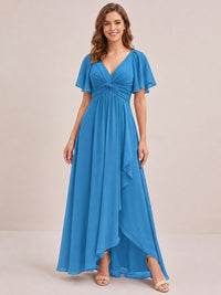 Dusty Blue Chiffon Bridesmaid Dress with Flutter Sleeves & High-Low Hem
