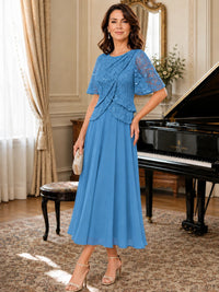 Tea-Length Chiffon Mother of the Bride Dress with Sequin Lace Sleeves